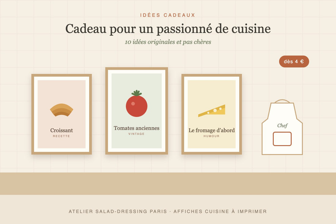 Cadeau pour un passionné de cuisine : affiches cuisine à imprimer croissant, tomates anciennes et fromage, et tablier de chef