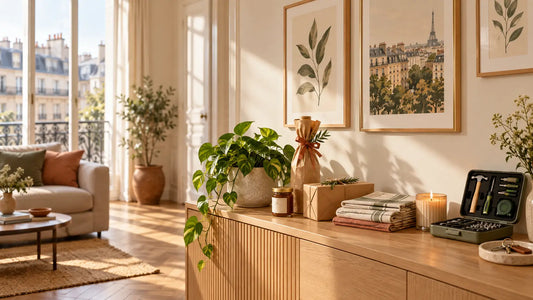 Console en bois clair avec latte verticales et finition polie idéale comme cadeau pendaison de crémaillère