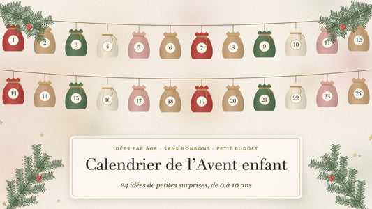 Calendrier de l'Avent enfant : 24 pochons en tissu numérotés de 1 à 24 suspendus sur une ficelle, avec branches de sapin et baies rouges
