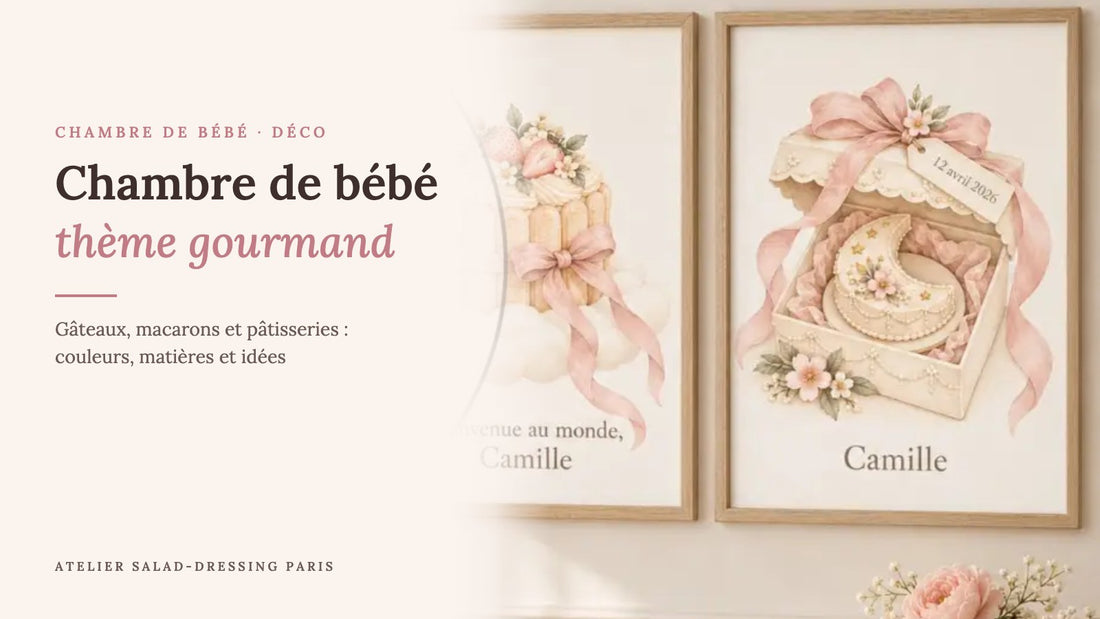 Chambre de bébé thème gourmand : affiches gâteaux rose poudré au prénom de bébé encadrées au-dessus d'une commode blanche