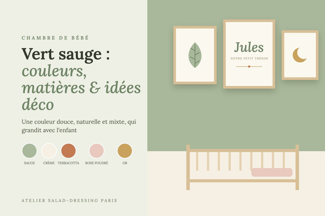 Chambre de bébé vert sauge avec affiches personnalisées au prénom et palette de couleurs