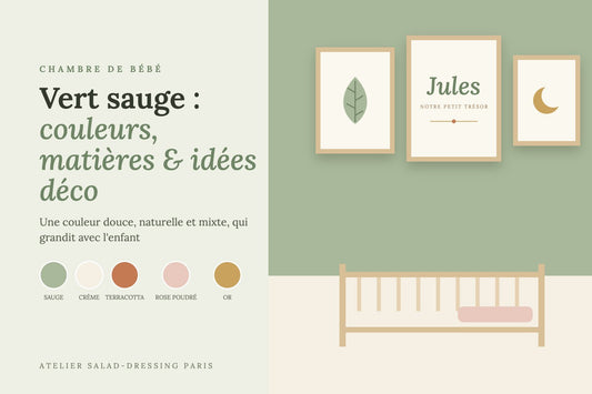 Chambre de bébé vert sauge avec affiches personnalisées au prénom et palette de couleurs
