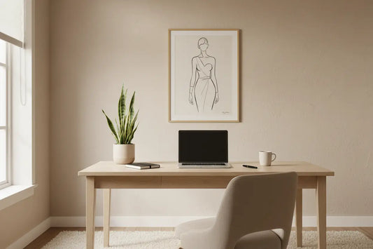 Bureau à domicile minimaliste en bois avec ordinateur portable élégant, plante en pot et mug blanc pour décoration bureau