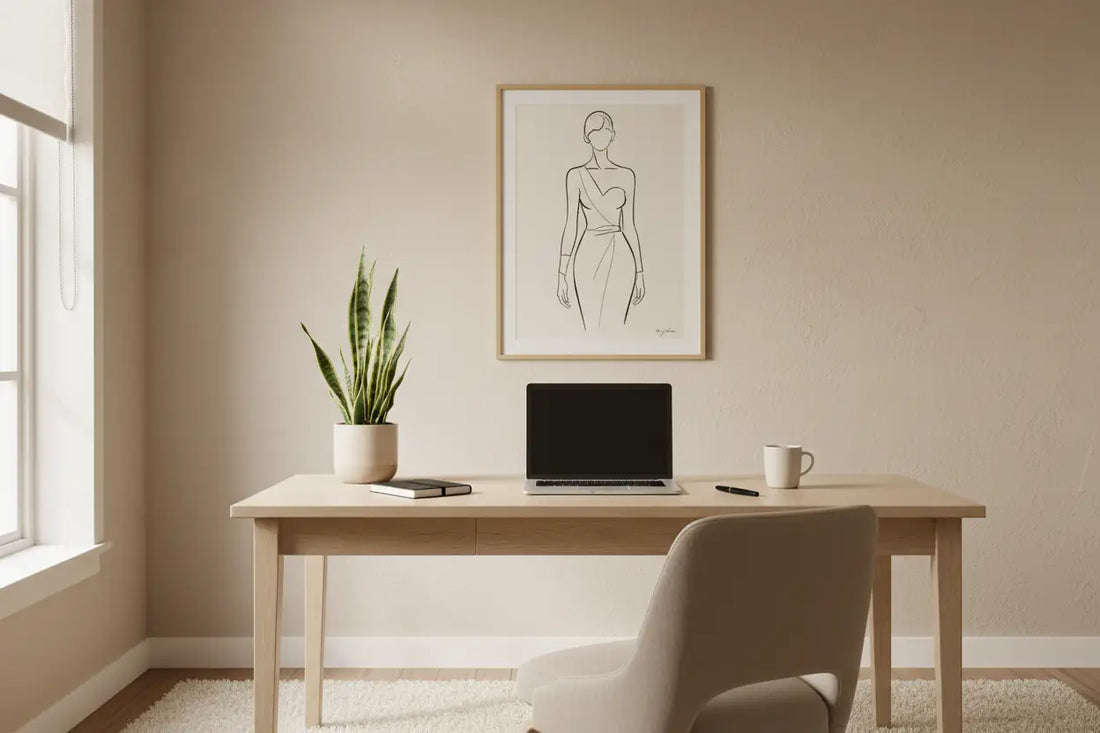 Bureau à domicile minimaliste en bois avec ordinateur portable élégant, plante en pot et mug blanc pour décoration bureau