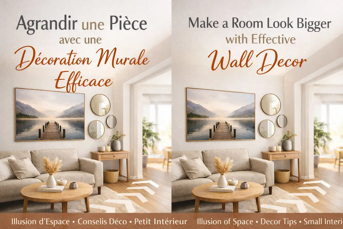 Un tableau paysage encadré montre une jetée en bois vers montagnes lointaines dans salon minimaliste parfait pour agrandir une pièce