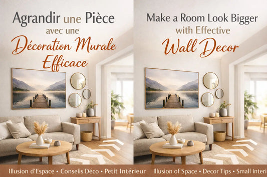 Un tableau paysage encadré montre une jetée en bois vers montagnes lointaines dans salon minimaliste parfait pour agrandir une pièce