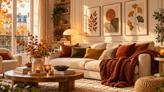 Canapé crème en tissu avec coussins terreux et plaid tricot épais pour une déco d’automne cosy