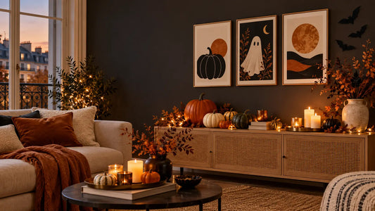Déco Halloween chic dans un salon avec citrouilles, bougies et affiche murale encadrée