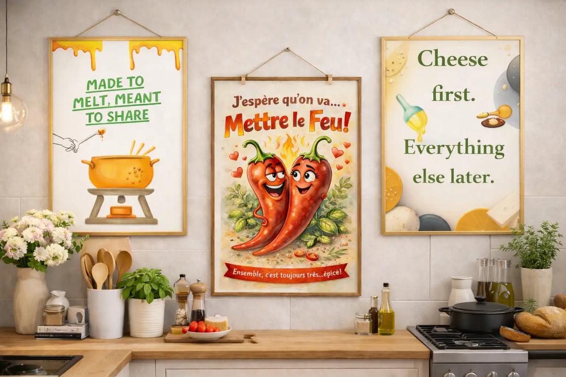 Décoration murale cuisine avec affiches vintage, botaniques et typographiques
