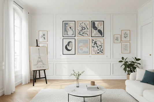 Table basse en marbre blanc avec pieds en métal noir idéale pour déco murale sans percer avec command strips et posters imprimables
