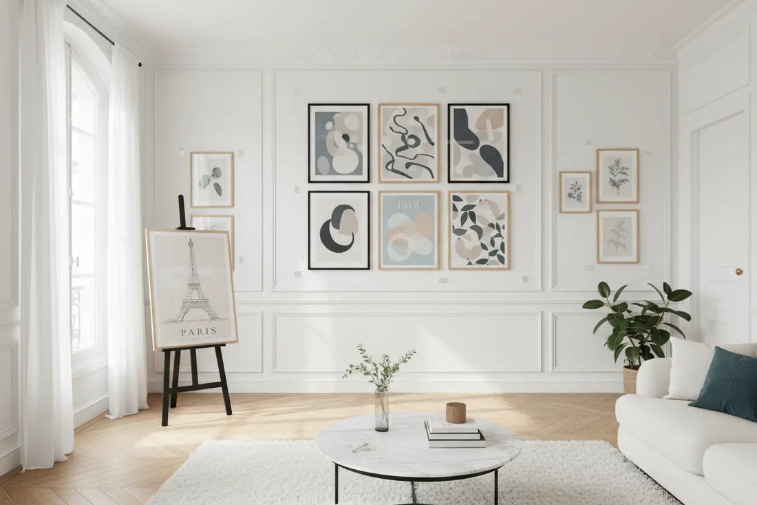 Table basse en marbre blanc avec pieds en métal noir idéale pour déco murale sans percer avec command strips et posters imprimables