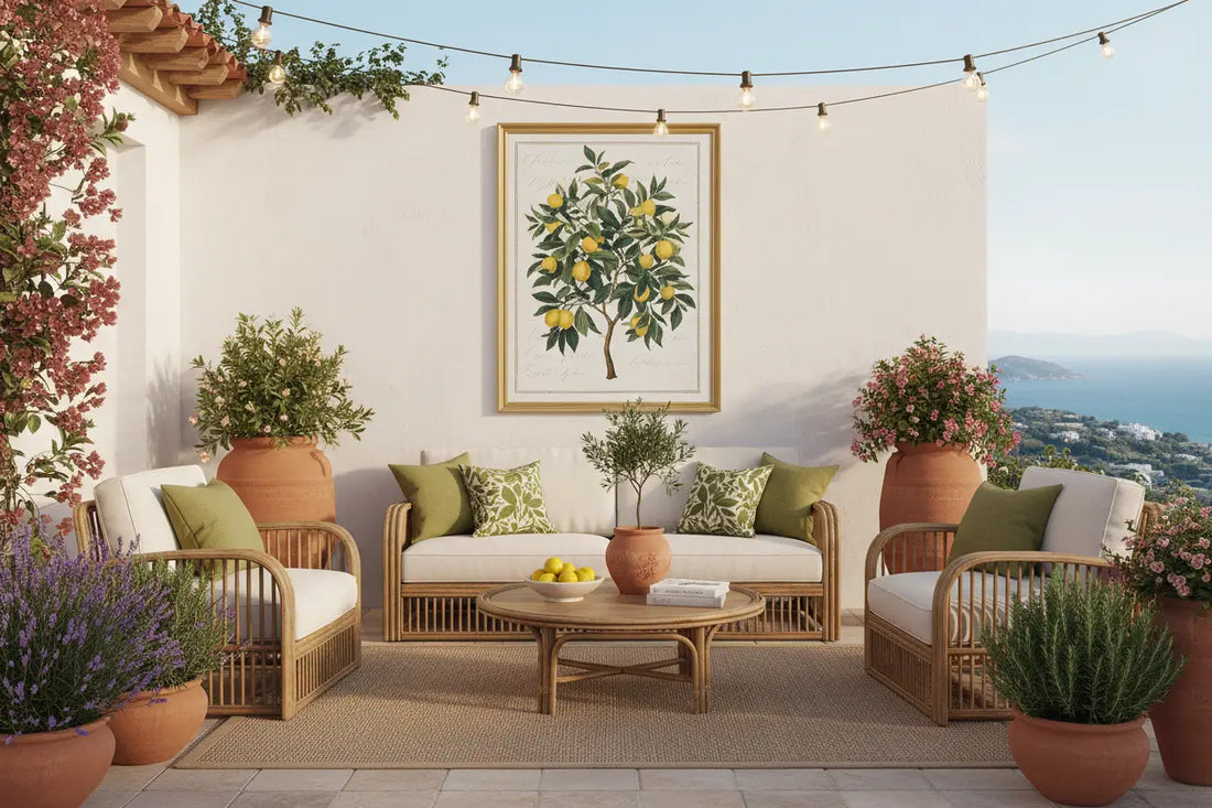 Une affiche à imprimer déco terrasse montrant une illustration botanique de citronnier en cadre doré simple