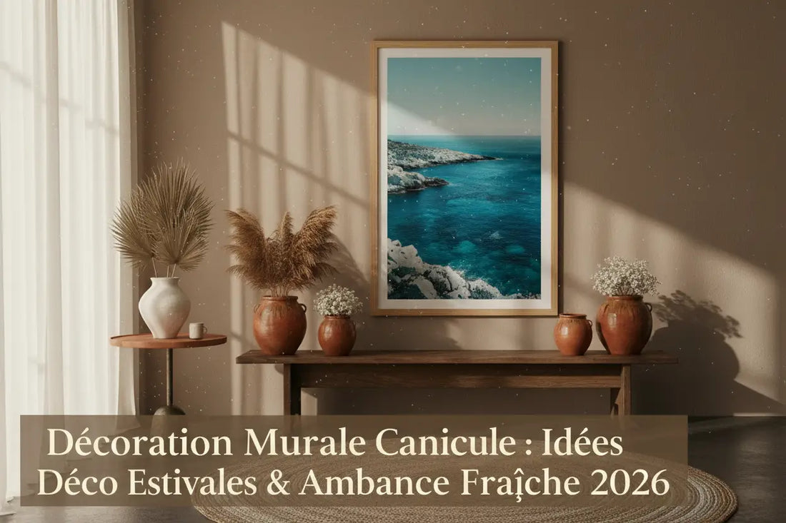 Poster mural salon de paysage côtier avec eaux turquoise et cadre bois clair pour décoration murale été couleurs tendance