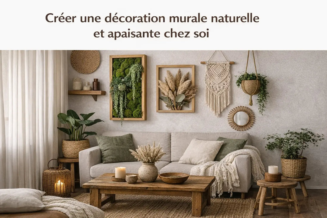 Mur végétal naturel en mousse verte encadré de bois pour une décoration murale apaisante et écharpe femme tendance
