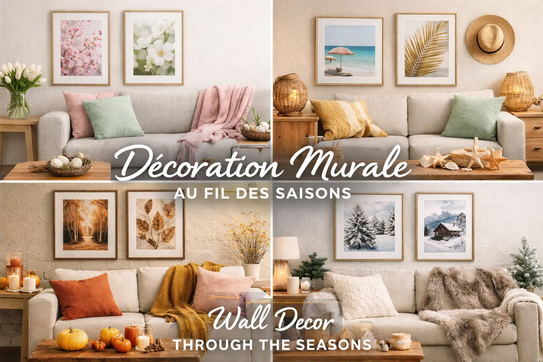 Décoration murale saisonnière avec cadres pastel de fleurs, plage, feuilles d'automne et paysages enneigés