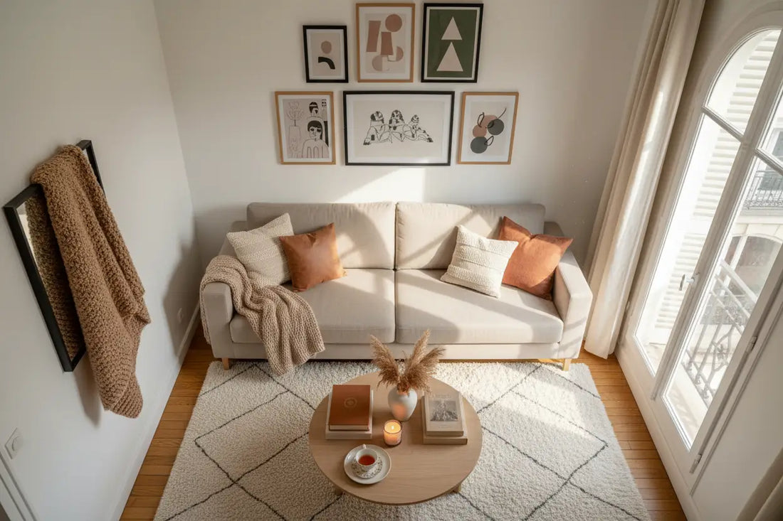 Beige canapé rembourré avec coussins orange et blanc et couverture tricotée pour décoration murale en location saisonnière