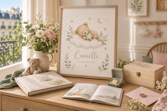 Cadre portrait naissance avec ourson endormi sur un nuage étoiles et feuilles tons rose beige idée cadeau baptême
