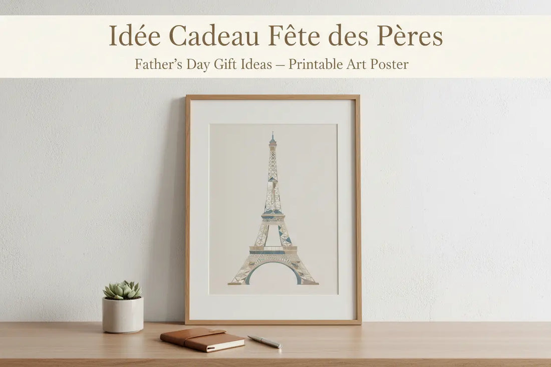 Affiche à imprimer avec illustration aquarelle de la tour eiffel en tons doux dans un cadre bois clair pour la fête des pères