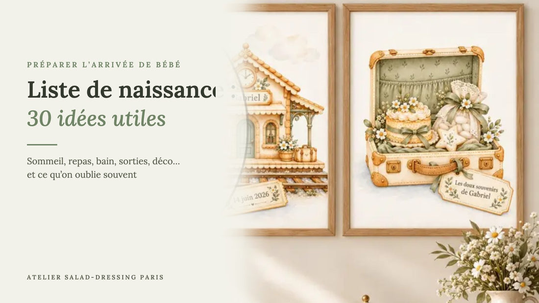 Liste de naissance : idées utiles pour bébé, avec des affiches personnalisées gare et valise au prénom de bébé dans la chambre