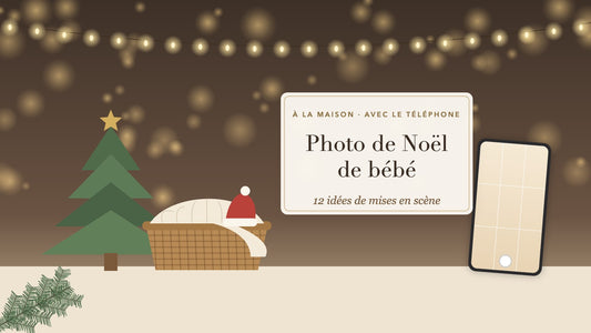 Photo de Noël de bébé à la maison : panier avec plaid, bonnet rouge, sapin et guirlande lumineuse, prise avec un téléphone