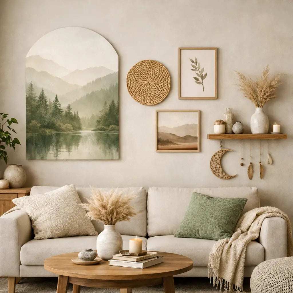 Canapé beige avec coussins texturés et coussin vert pour un effet apaisant style chignon décoiffé ou tresse épi