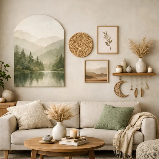 Canapé beige avec coussins texturés et coussin vert pour un effet apaisant style chignon décoiffé ou tresse épi