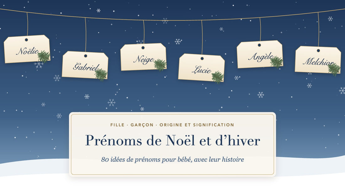 Prénoms de Noël et d'hiver pour bébé : étiquettes Noëlie, Gabriel, Neige, Lucie, Angèle et Melchior suspendues dans un ciel enneigé