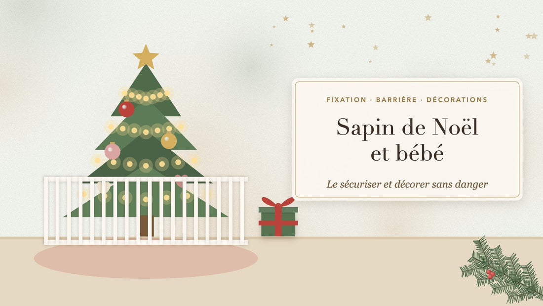 Sapin de Noël sécurisé pour bébé : sapin décoré en hauteur et entouré d'une barrière blanche