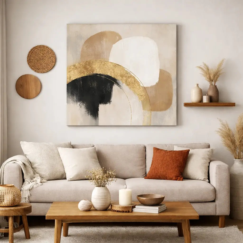 Abstract canvas painting with bold black gold and beige shapes on textured off-white background to transformer un mur vide en point focal élégant cadeaux faits main prendre soin d’elle