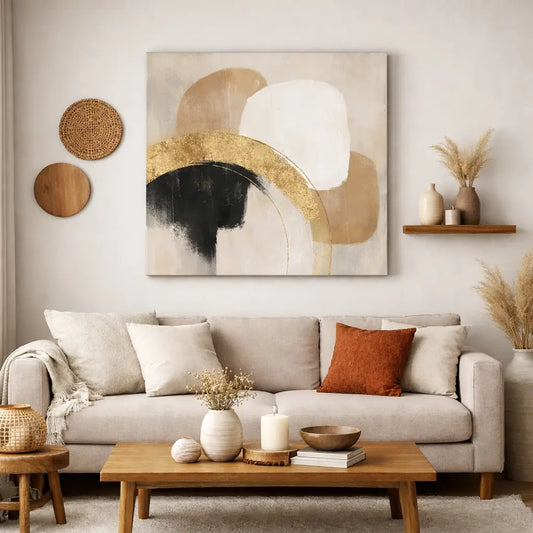 Abstract canvas painting with bold black gold and beige shapes on textured off-white background to transformer un mur vide en point focal élégant cadeaux faits main prendre soin d’elle