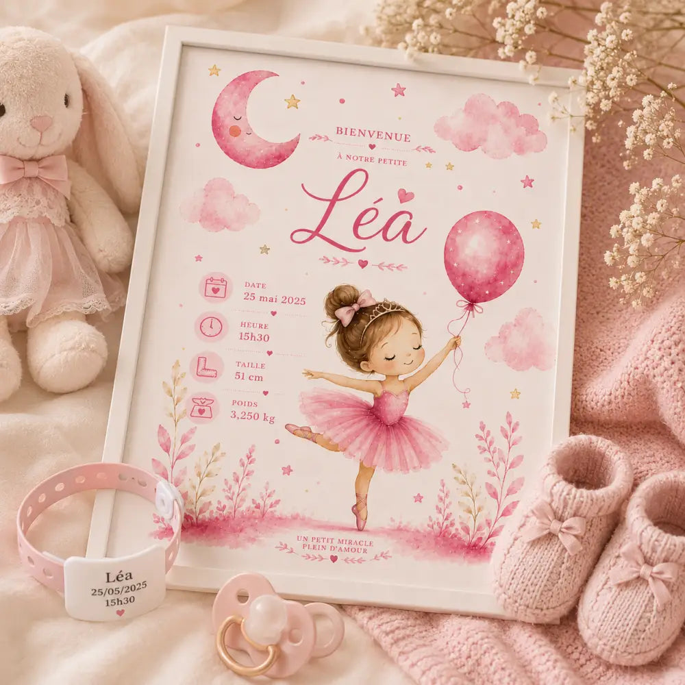 Faire-part de naissance pour bébé cadre rose avec illustration de ballerine nuages aquarelle étoiles et ballons