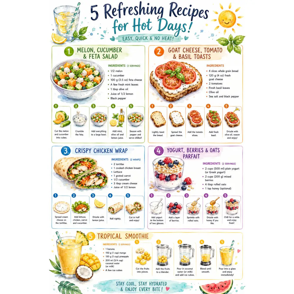 Affiche de recette colorée ff avec cinq plats d’été rafraîchissants illustrés en aquarelle et listes d’ingrédients