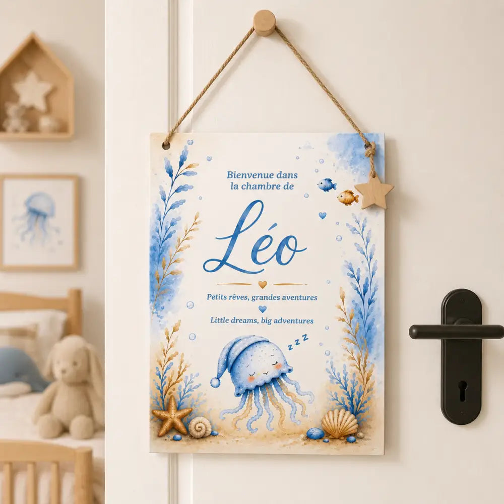 Affiche prénom personnalisée format a4 avec illustration aquarelle bleu et beige disque méduse endormie coquillages cadeau naissance numérique