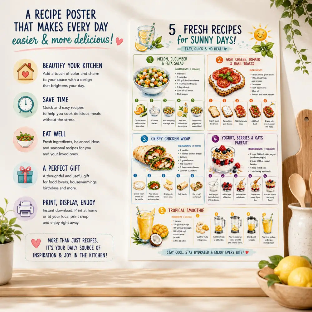 Affiche de recettes ff avec cinq repas d’été faciles illustrés en couleurs et listes d’ingrédients