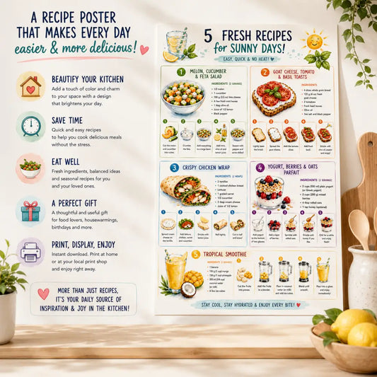 Affiche de recettes ff avec cinq repas d’été faciles illustrés en couleurs et listes d’ingrédients