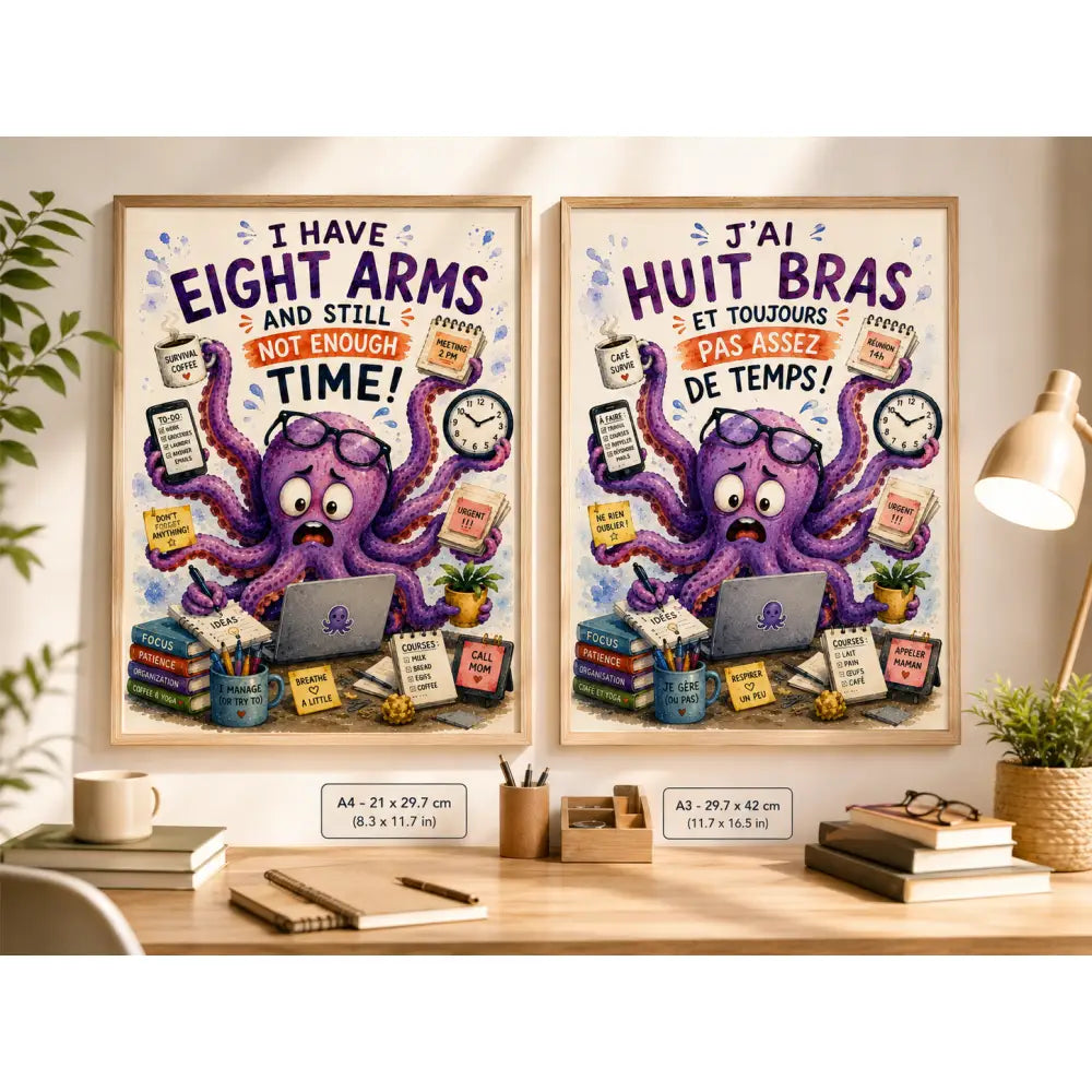 Affiche thème pieuvre violette avec lunettes et bras multiples tenant des objets de bureau encadrée en bois clair