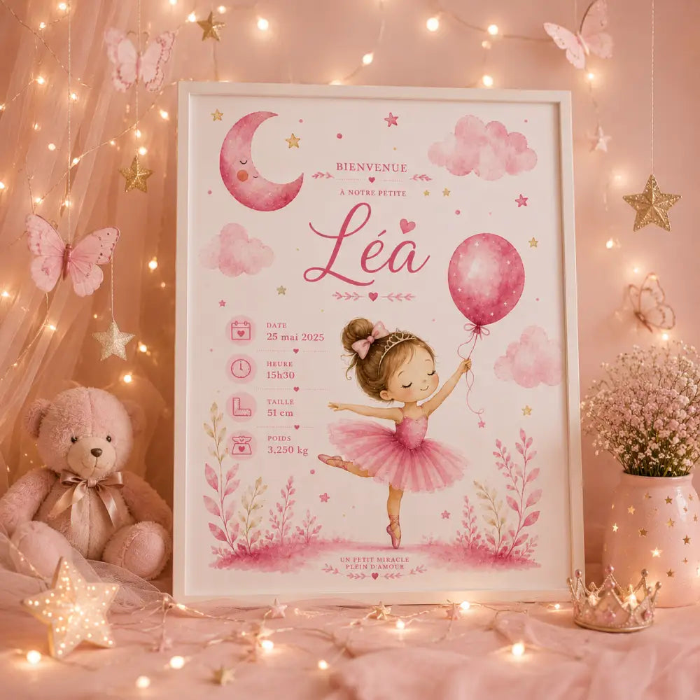 Un faire-part de naissance encadré en aquarelle rose avec une ballerine tenant un ballon et des motifs célestes et floraux