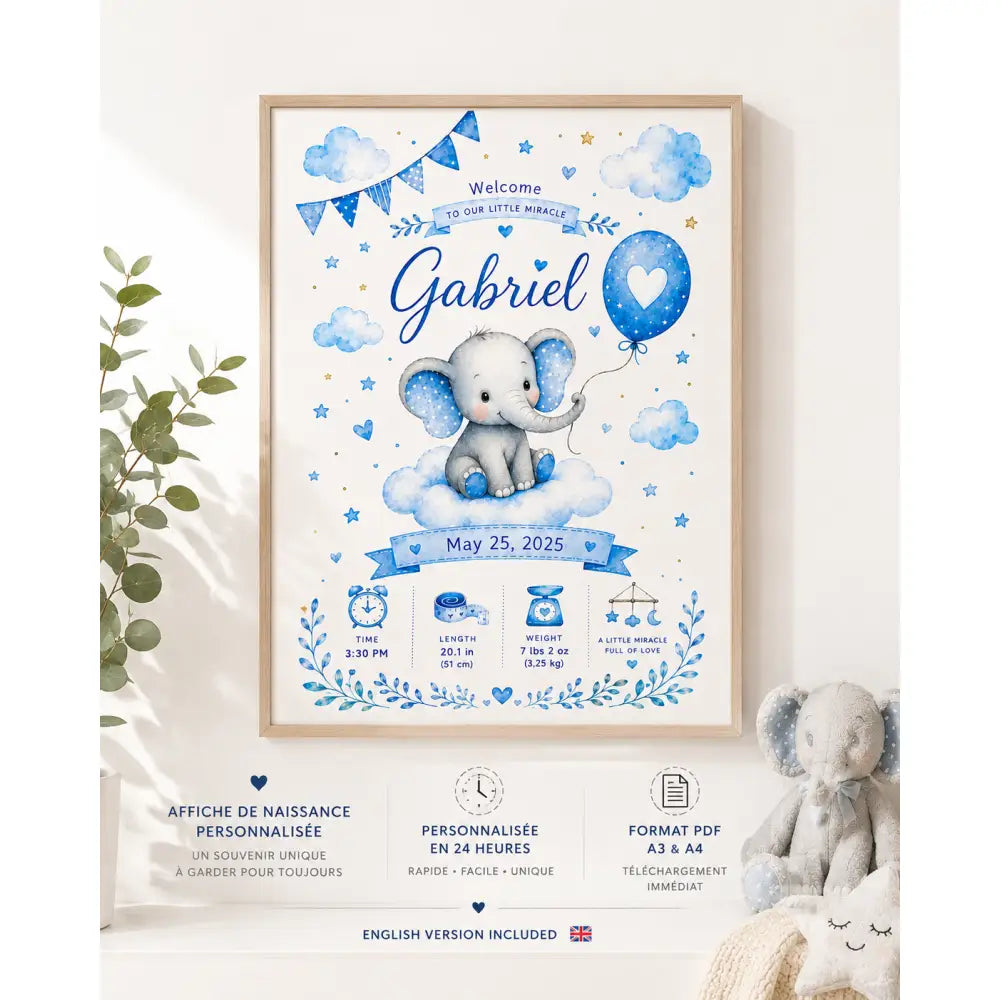Poster naissance bébé personnalisé encadré avec éléphant gris aquarelle sur nuage et étoiles bleues gabriel 25 mai 2025