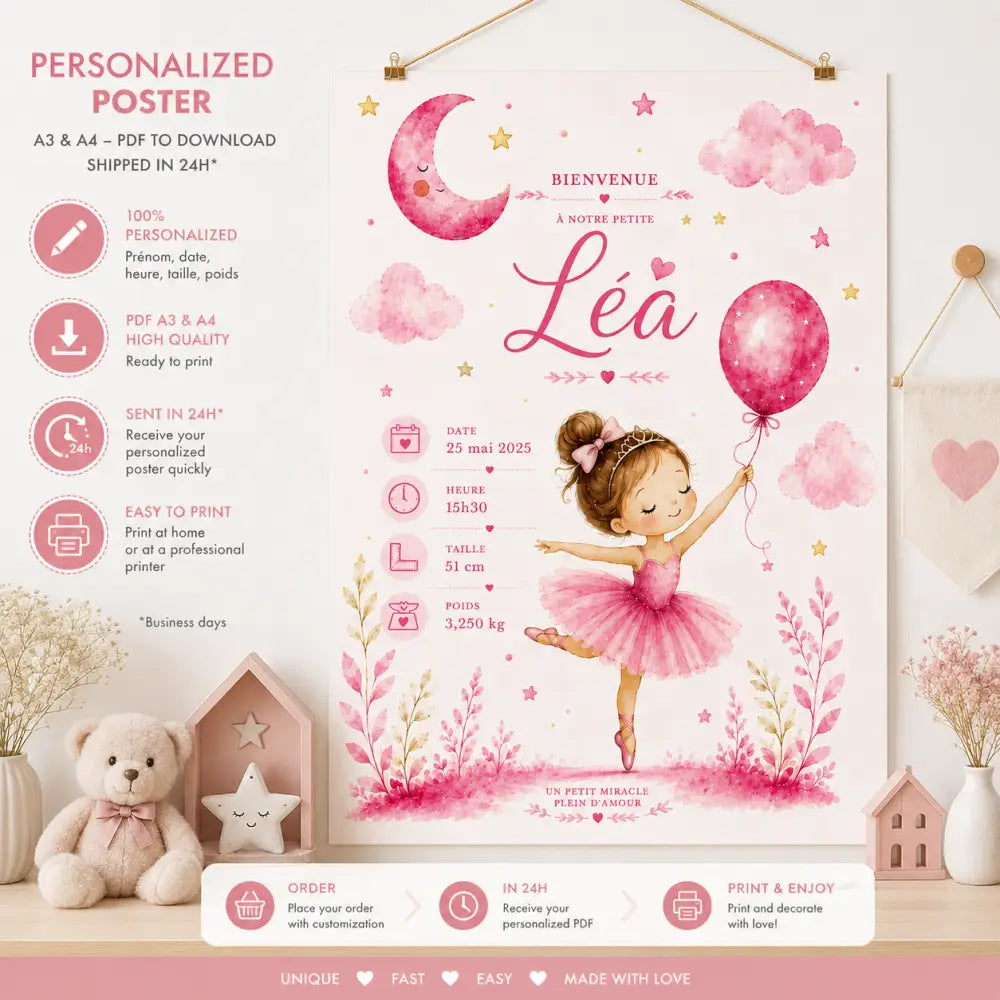 Poster de danseuse de ballet en aquarelle rose fille en tutu rose tenant un ballon avec lune et nuages pour produit f
