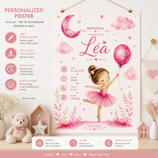 Poster de danseuse de ballet en aquarelle rose fille en tutu rose tenant un ballon avec lune et nuages pour produit f