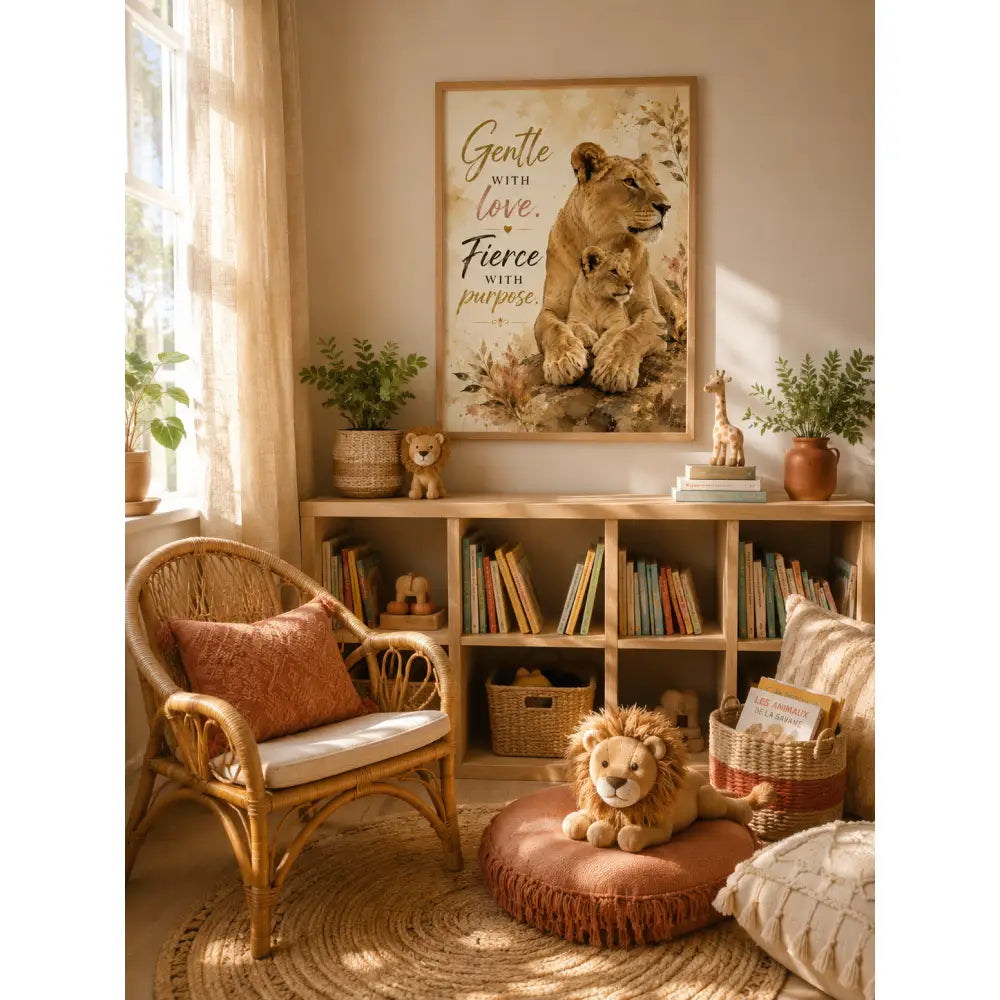 Un poster encadré avec une lionne et son lionceau et le texte gentle with love dans sans titre 16juin_16:27:25
