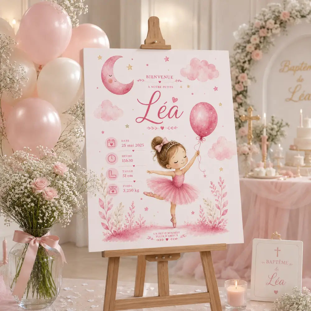 Panneau de bienvenue pour baby shower en aquarelle rose avec ballerine tenant un ballon sur chevalet en bois