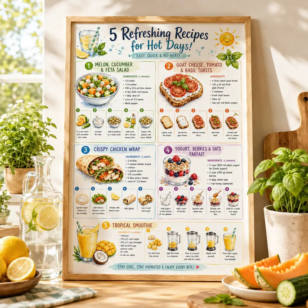 Un poster encadré ff présentant cinq recettes rafraîchissantes pour les journées chaudes avec illustrations colorées et listes d ingrédients