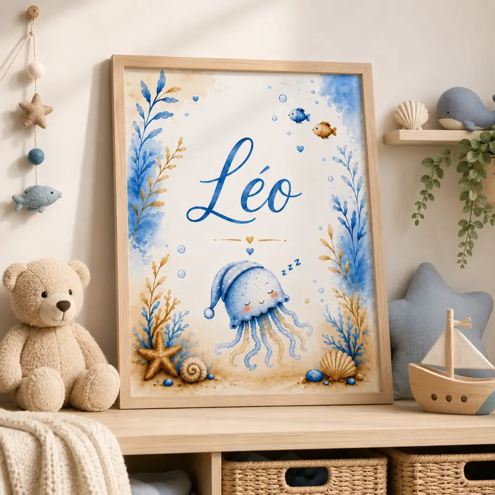 Affiche prénom personnalisée format a4 avec illustration aquarelle dune méduse bleue endormie cadeau naissance numérique