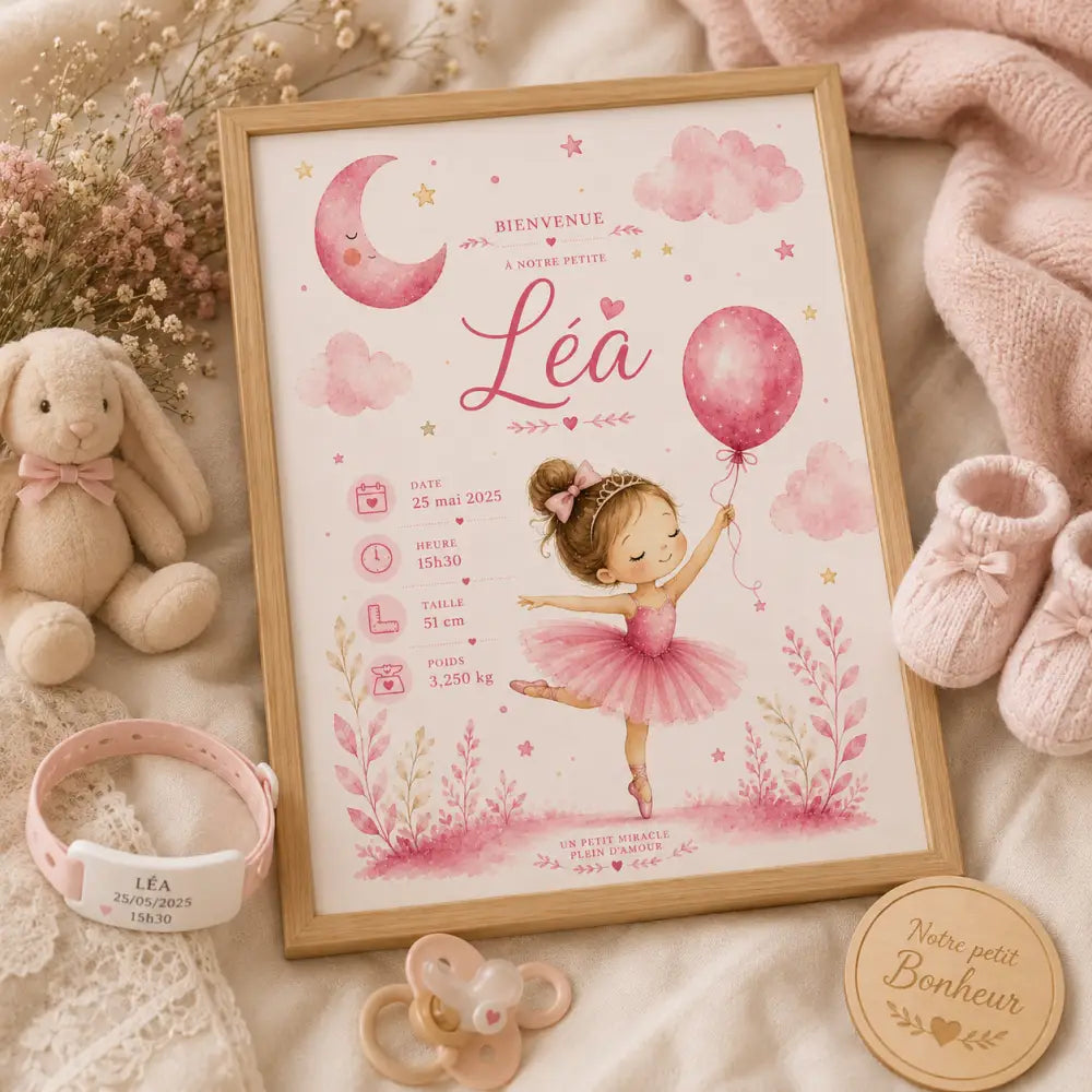 Impression rose aquarelle d’une ballerine en tutu tenant un ballon encadrée en bois clair produit f