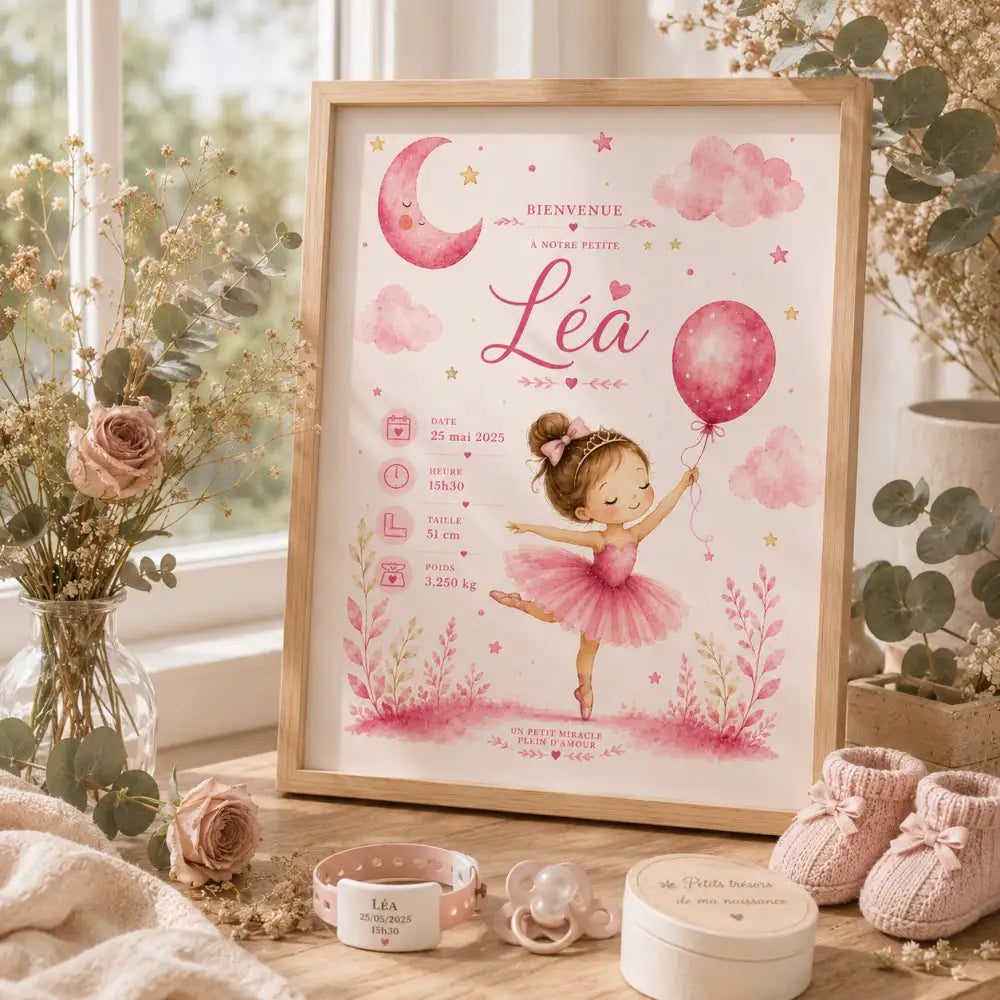 Cadre rose aquarelle thème ballet annonce naissance personnalisée pour léa modèle f