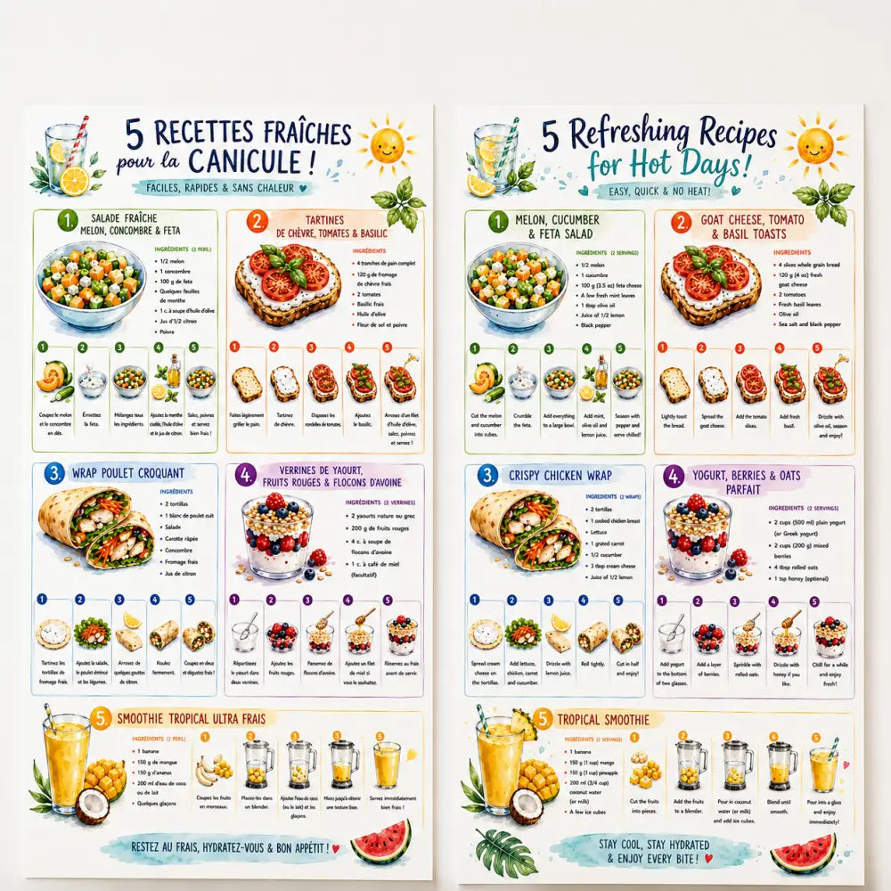 Affiche de recette illustrée colorée avec cinq plats d’été rafraîchissants en français et anglais pour ff