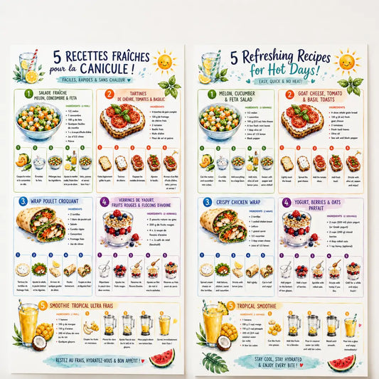 Affiche de recette illustrée colorée avec cinq plats d’été rafraîchissants en français et anglais pour ff