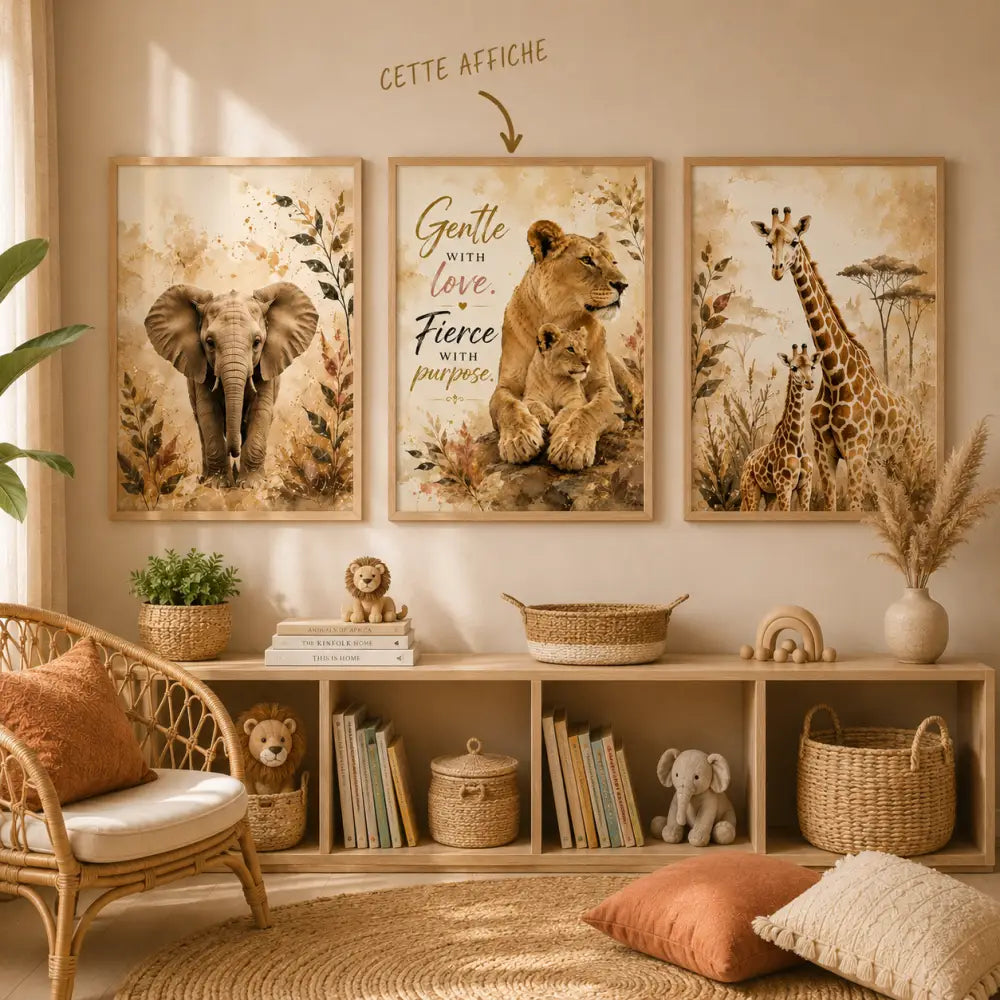 Trois affiches encadrées sans titre 16juin_16:27:25 avec illustrations sépia d’éléphant lionne et girafes sur fond botanique