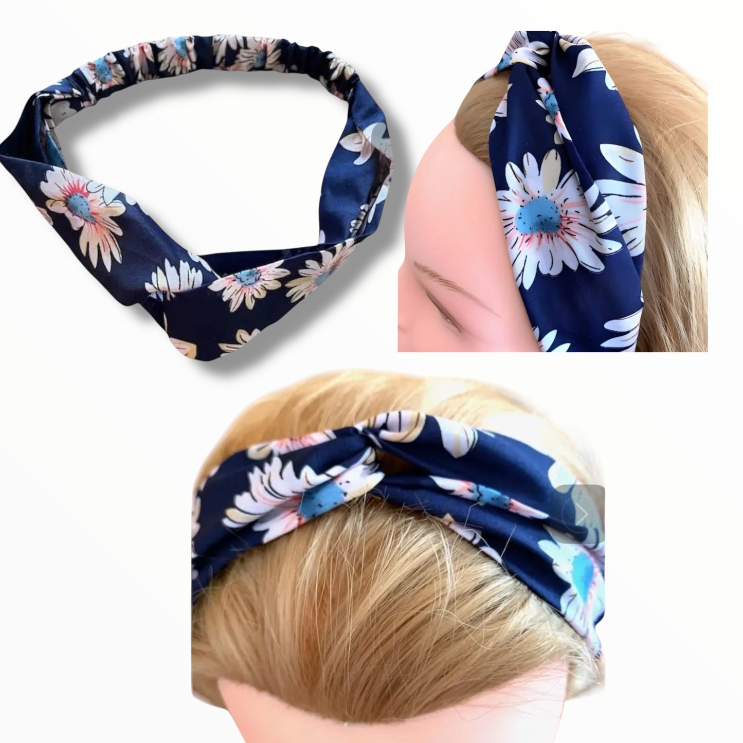 Bandeau bleu floral satin pour cheveux avec élastique – accessoire élégant taille unique.